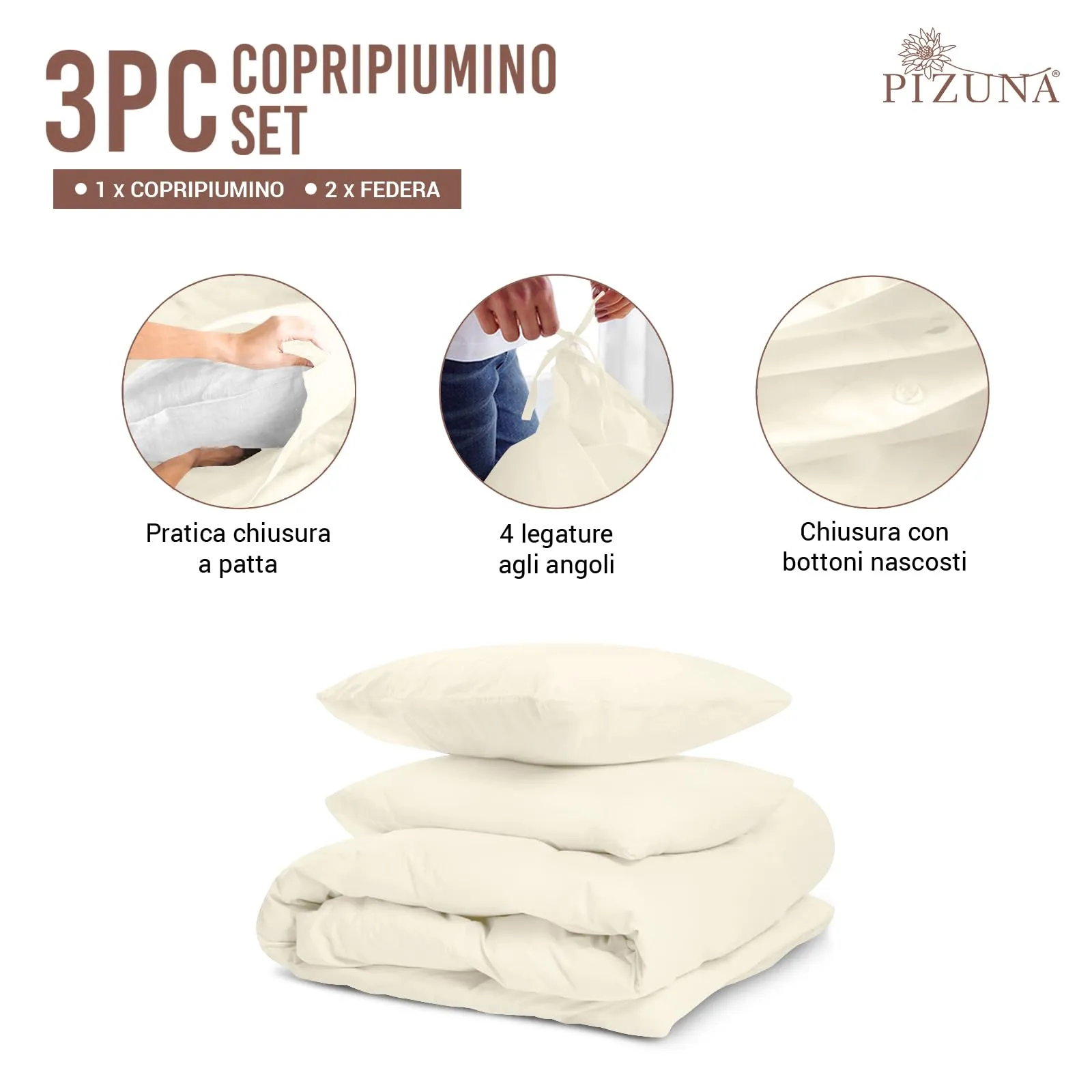 Pizuna Linens Set Copripiumino in Cotone 400 Fili, Trama Sateen, 200x200 cm, Avorio, 3 Pezzi - immagine 3