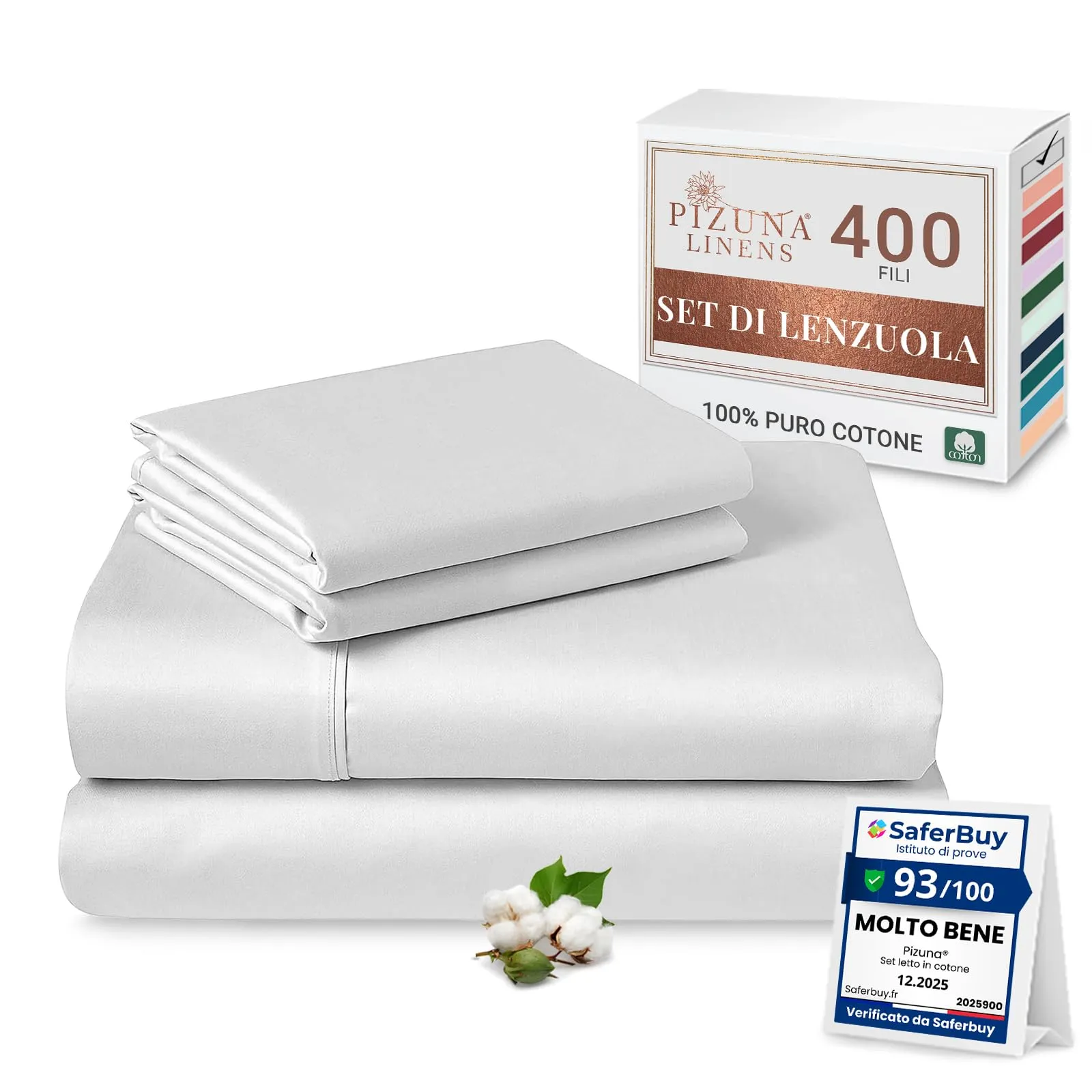 Pizuna Linens Set Lenzuola Letto Super King Cotone 400 Fili 180x200 cm Bianco 4 Pezzi - immagine 1