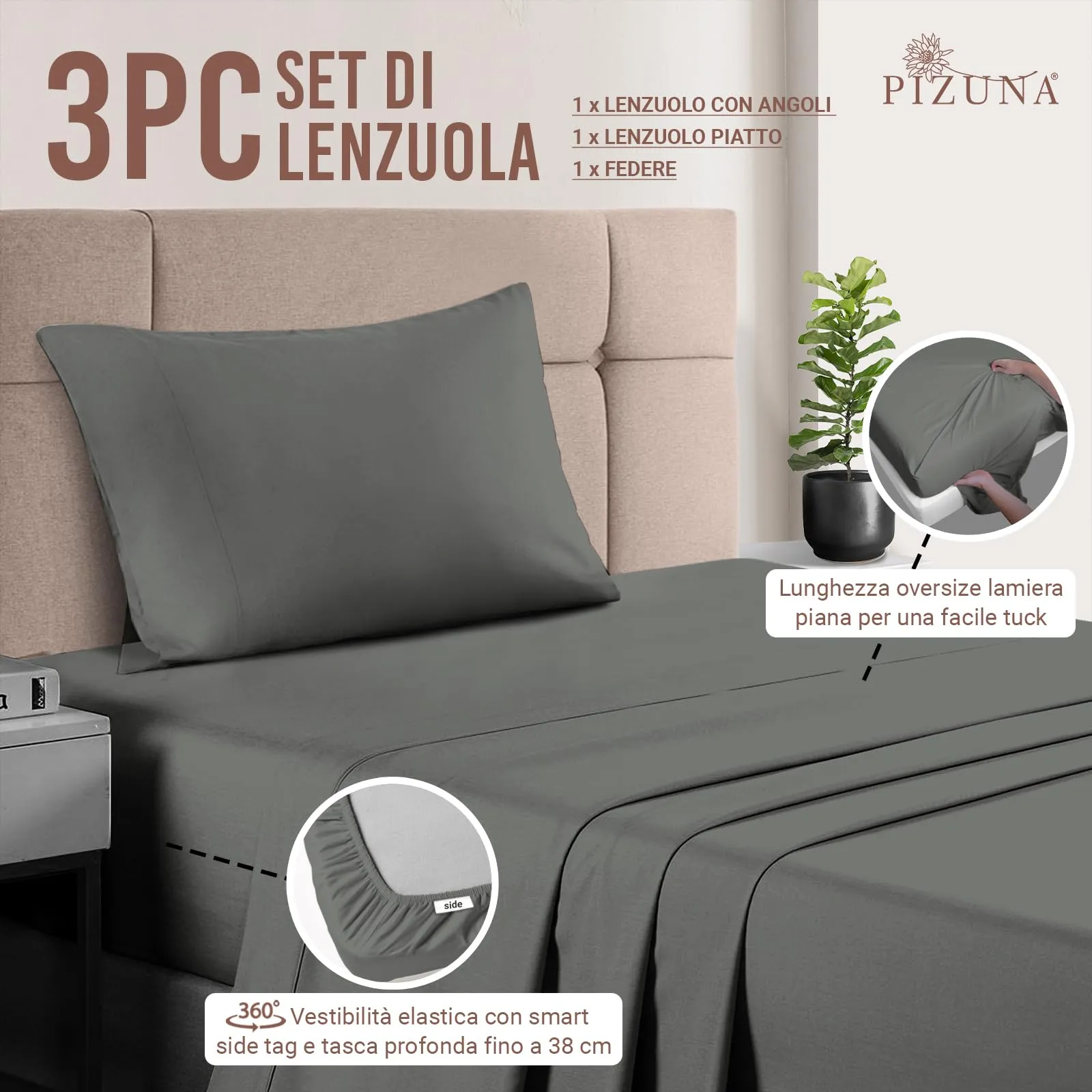 Pizuna Linens Set Lenzuola Letto Singolo in Cotone 400 Fili, 90x200 cm, Grigio, 3 Pezzi - immagine 3