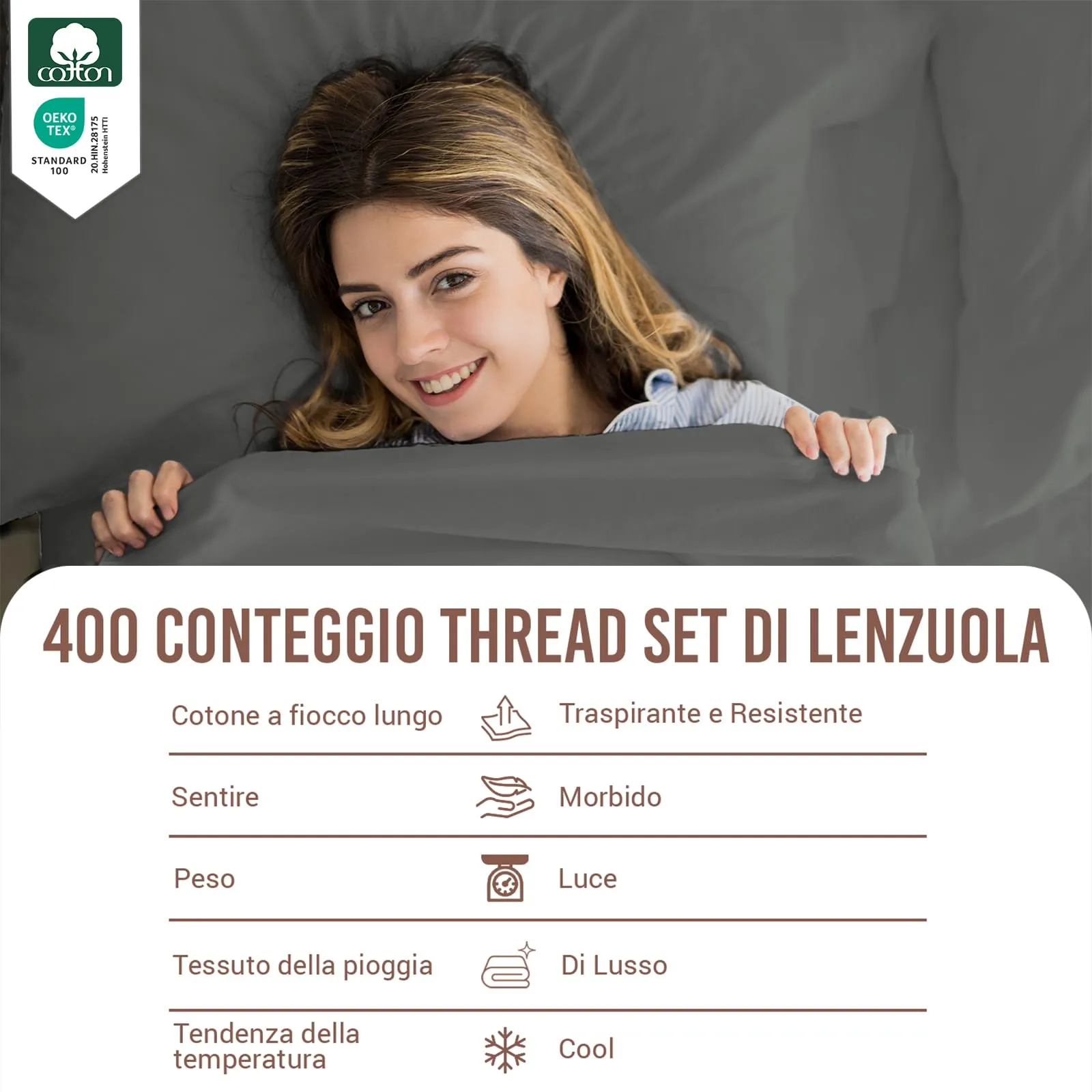 Pizuna Linens Set Lenzuola Letto Singolo in Cotone 400 Fili, 90x200 cm, Grigio, 3 Pezzi - immagine 4