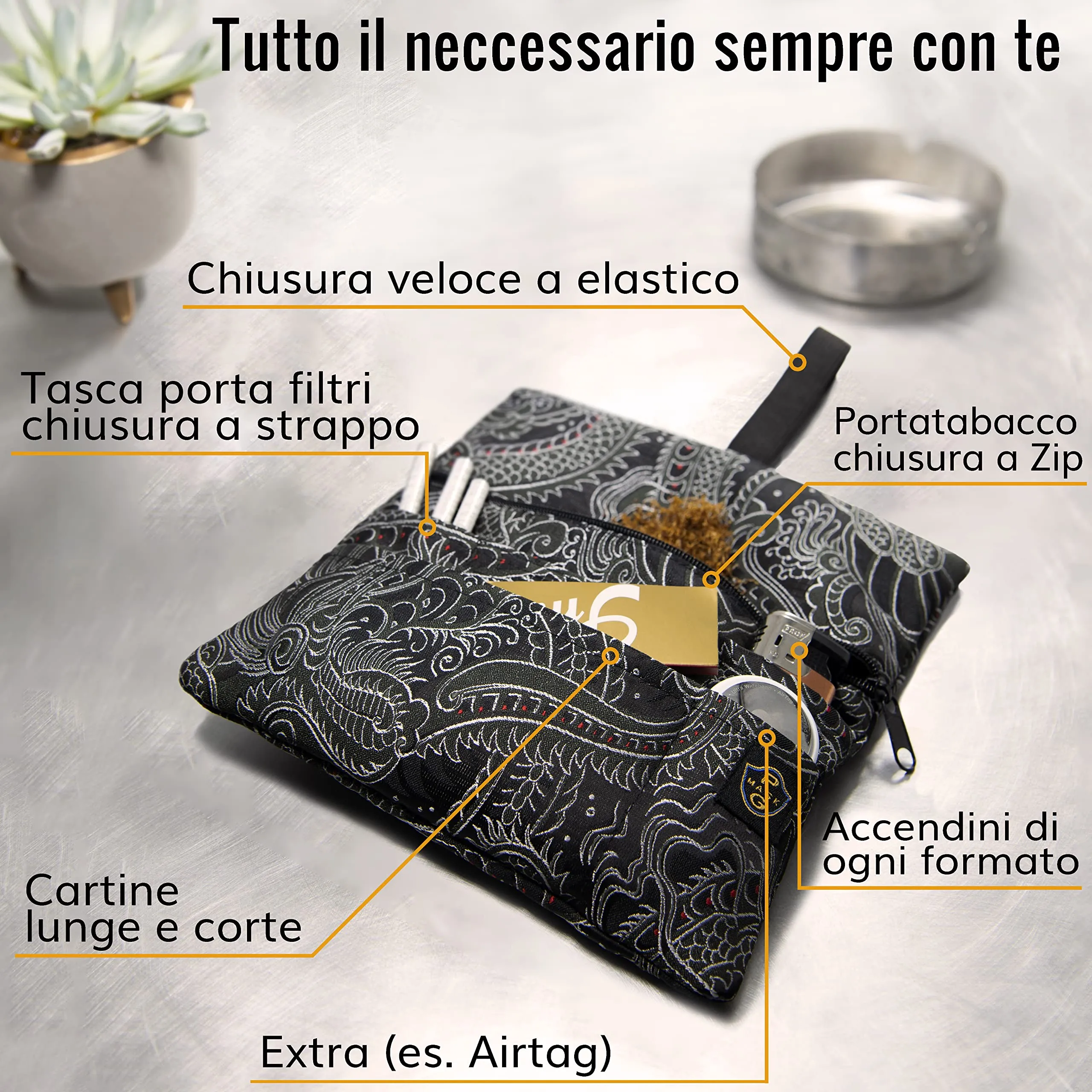 Guggiari Porta Tabacco in Tela Fatto a Mano - Black Dragon - immagine 2