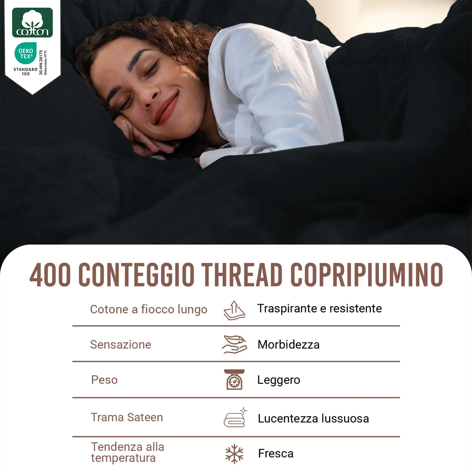 Pizuna Linens Set Copripiumino Matrimoniale in Cotone 400 Fili, 240x200 cm, Nero, 3 Pezzi - immagine 2