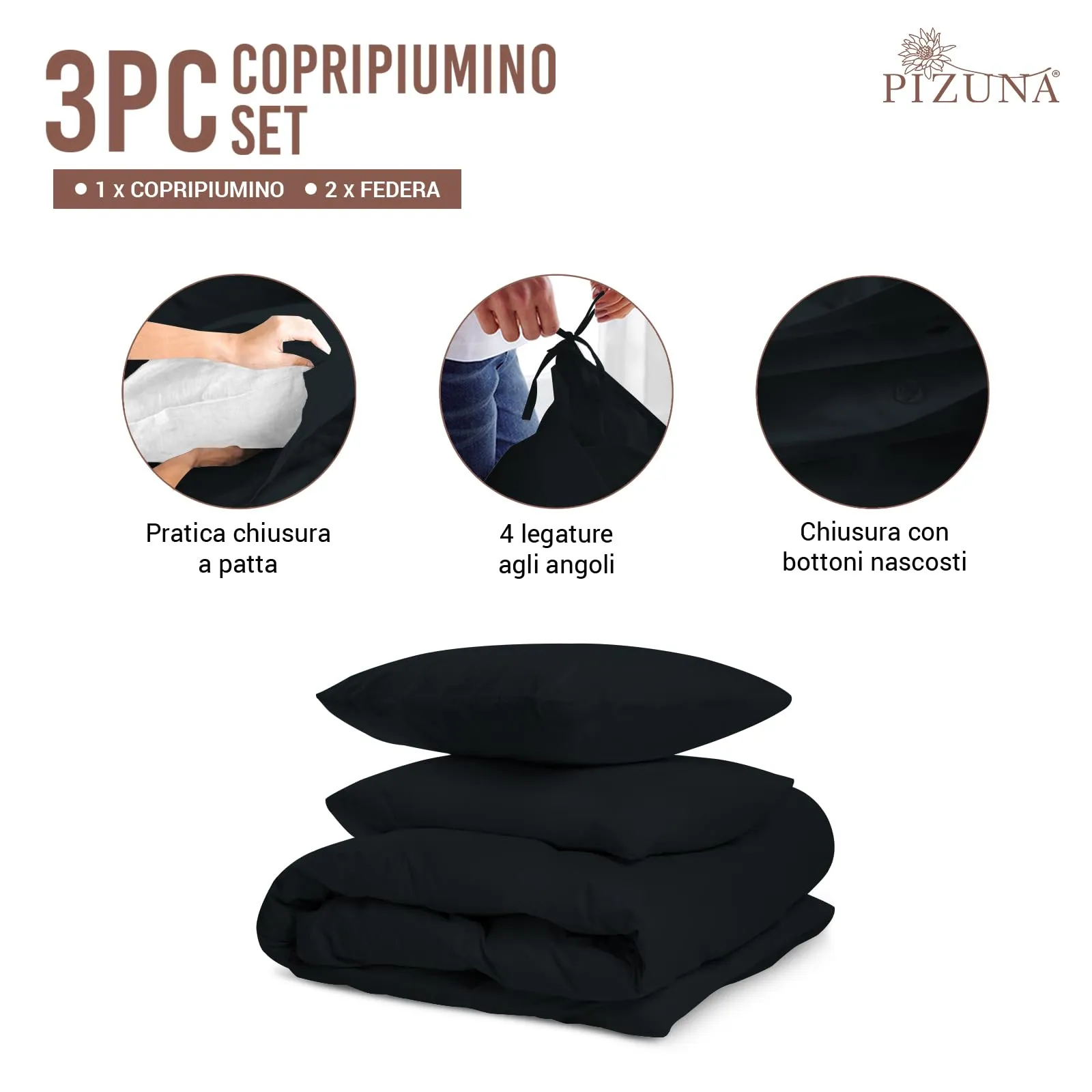 Pizuna Linens Set Copripiumino Matrimoniale in Cotone 400 Fili, 240x200 cm, Nero, 3 Pezzi - immagine 3