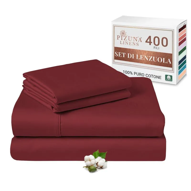 Pizuna Linens Set Lenzuola Letto Super King in Cotone 400 Fili, 180x200 cm, Rosso, 4 Pezzi - immagine 1
