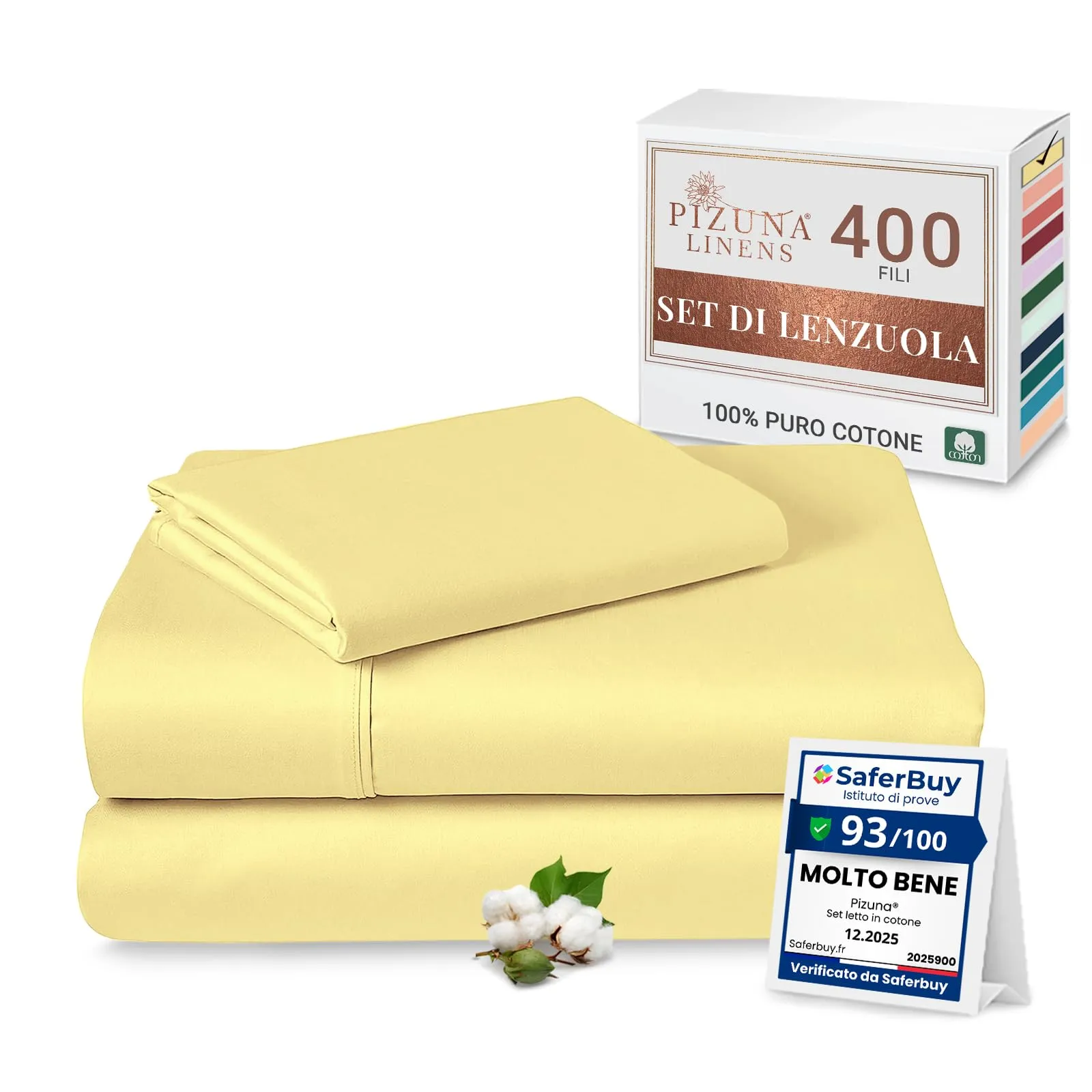Pizuna Linens Set Lenzuola Letto Singolo in Cotone 400 Fili, 90x200 cm, Giallo, 3 Pezzi - immagine 1