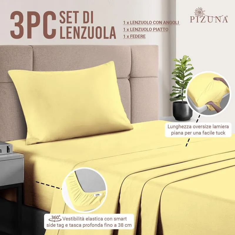 Pizuna Linens Set Lenzuola Letto Singolo in Cotone 400 Fili, 90x200 cm, Giallo, 3 Pezzi - immagine 3