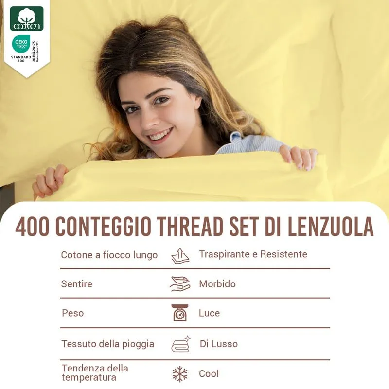 Pizuna Linens Set Lenzuola Letto Singolo in Cotone 400 Fili, 90x200 cm, Giallo, 3 Pezzi - immagine 4