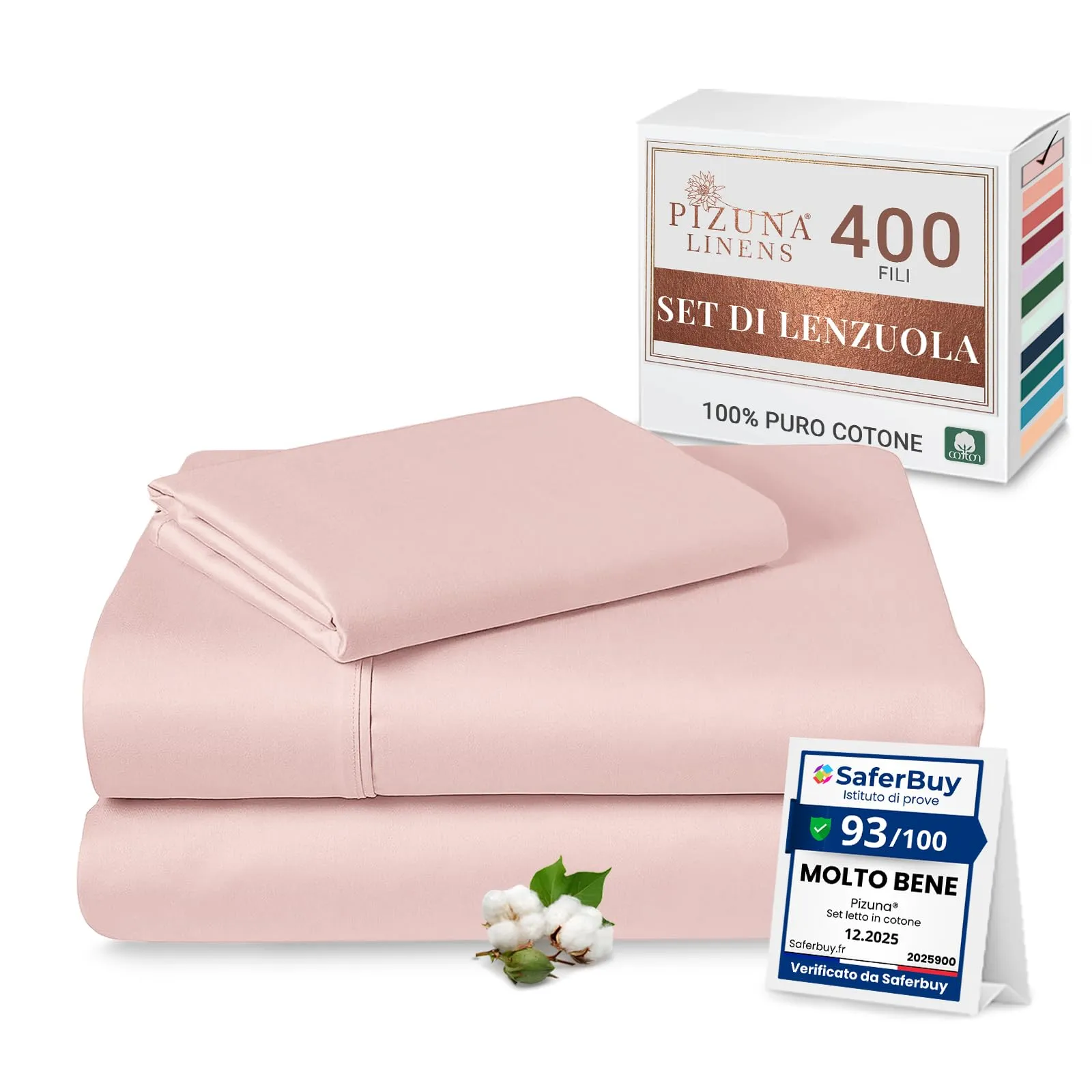 Pizuna Linens Set Lenzuola Letto Singolo in Cotone 400 Fili Sateen, 90x200cm, Rosa - immagine 1