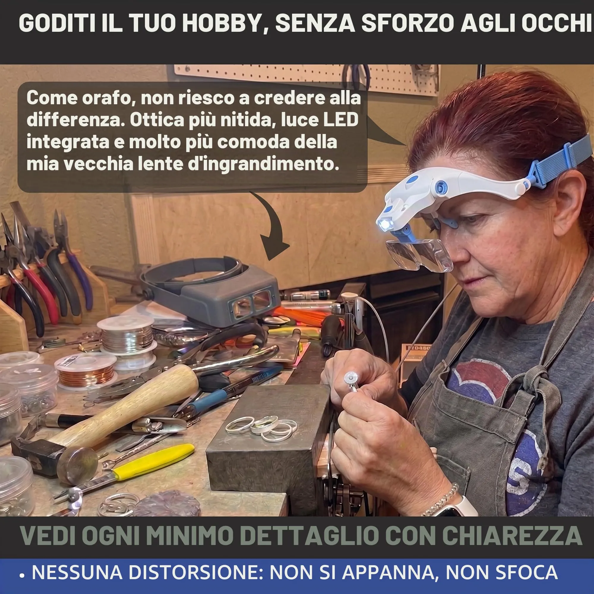 Vision Aid Lente d'ingrandimento con luce, 5 lenti, fascia e custodia - immagine 2