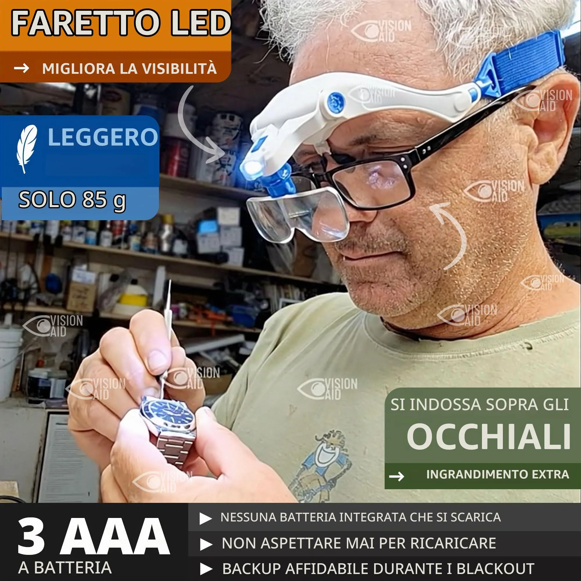 Vision Aid Lente d'ingrandimento con luce, 5 lenti, fascia e custodia - immagine 5