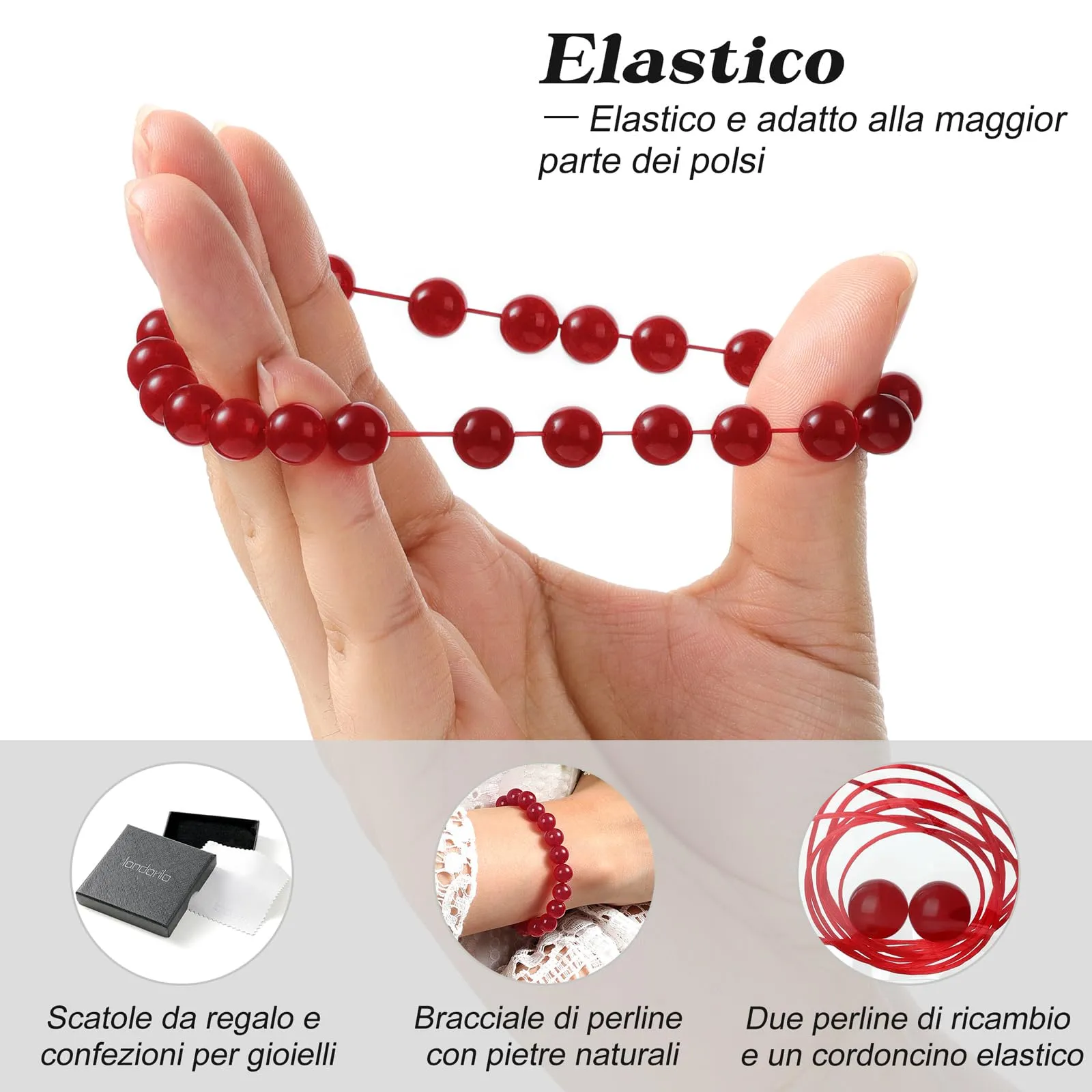 Landorilo Bracciale in Calcedonio Rosso per Donna e Uomo, 19 cm - immagine 5