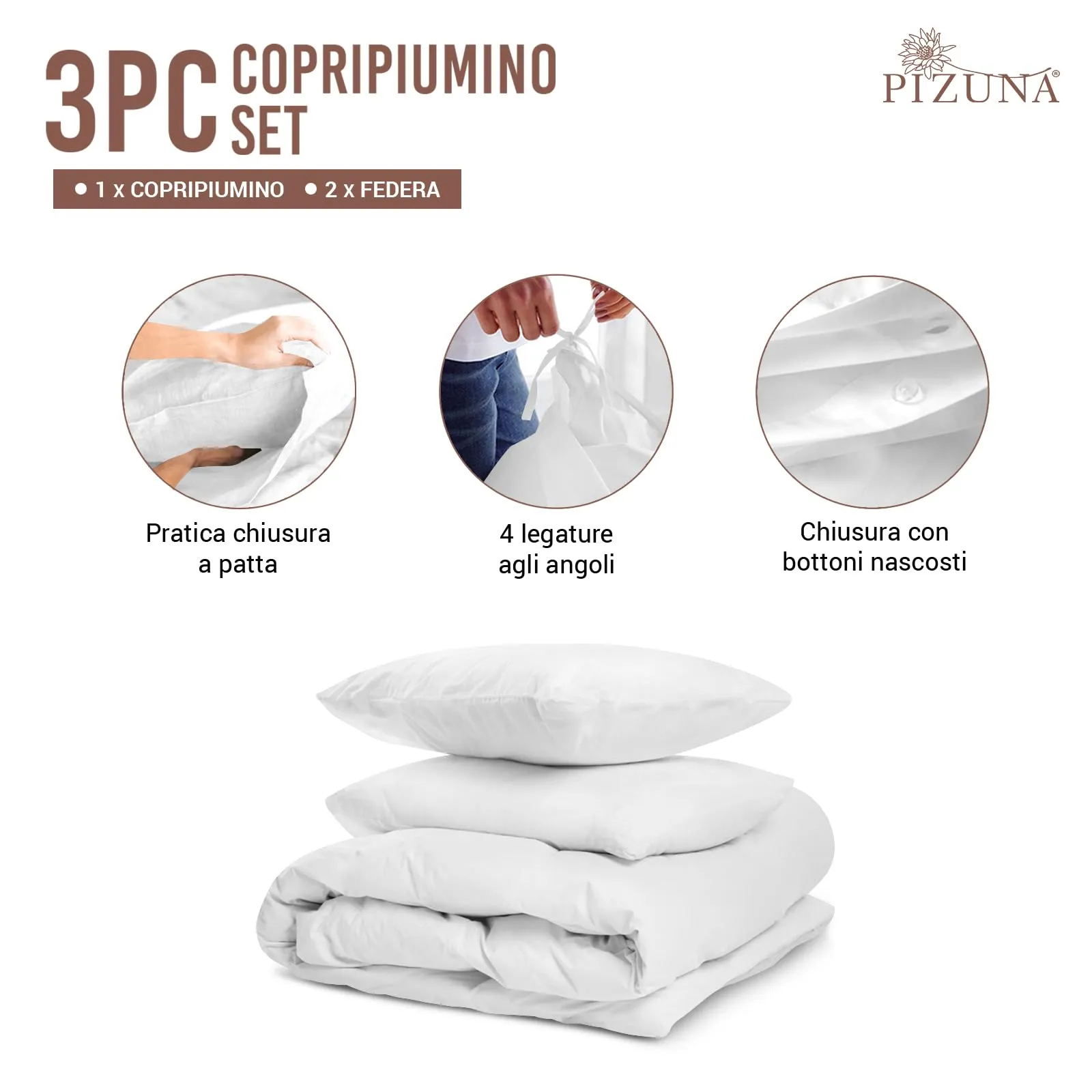 Pizuna Linens Set Copripiumino in Cotone 400 Fili, 240x200 cm, Bianco, 3 Pezzi - immagine 3