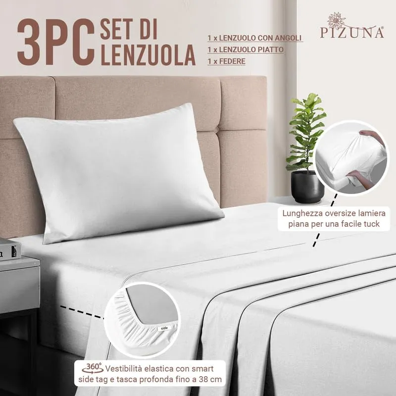 Pizuna Linens Set Lenzuola Letto Singolo in Cotone 400 Fili, 90x200 cm, Bianco, 3 Pezzi - immagine 3