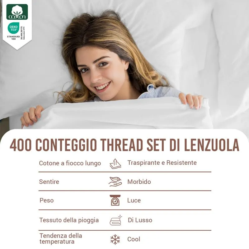 Pizuna Linens Set Lenzuola Letto Matrimoniale 140x200cm Cotone 400 Fili, Bianco, 4 Pezzi - immagine 4