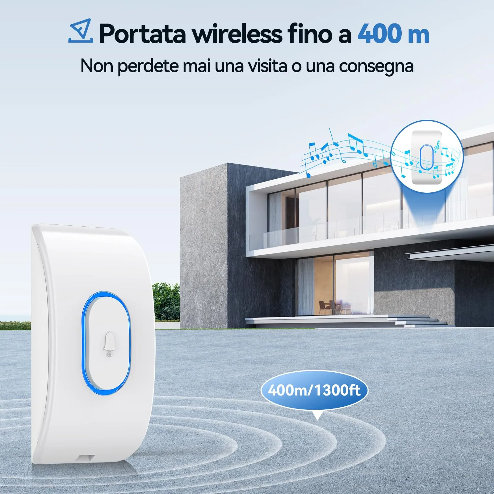 TECKNET Campanello Senza Fili TK-WD995, Portata 400m, 60 Melodie, 5 Livelli di Volume, Bianco - immagine 2