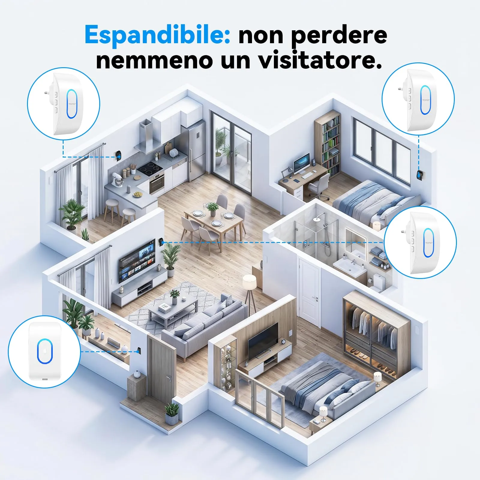 TECKNET Campanello Senza Fili TK-WD995, Portata 400m, 60 Melodie, 5 Livelli di Volume, Bianco - immagine 8