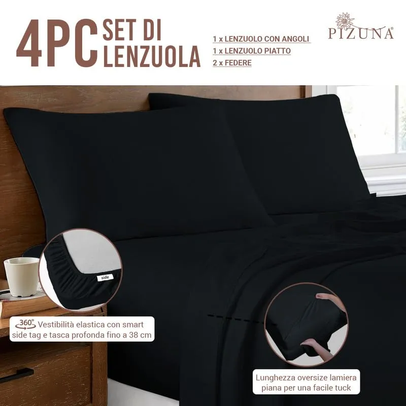 Pizuna Linens Set Lenzuola Letto Super King in Cotone 400 Fili, 180x200 cm, Nero, 4 Pezzi - immagine 3