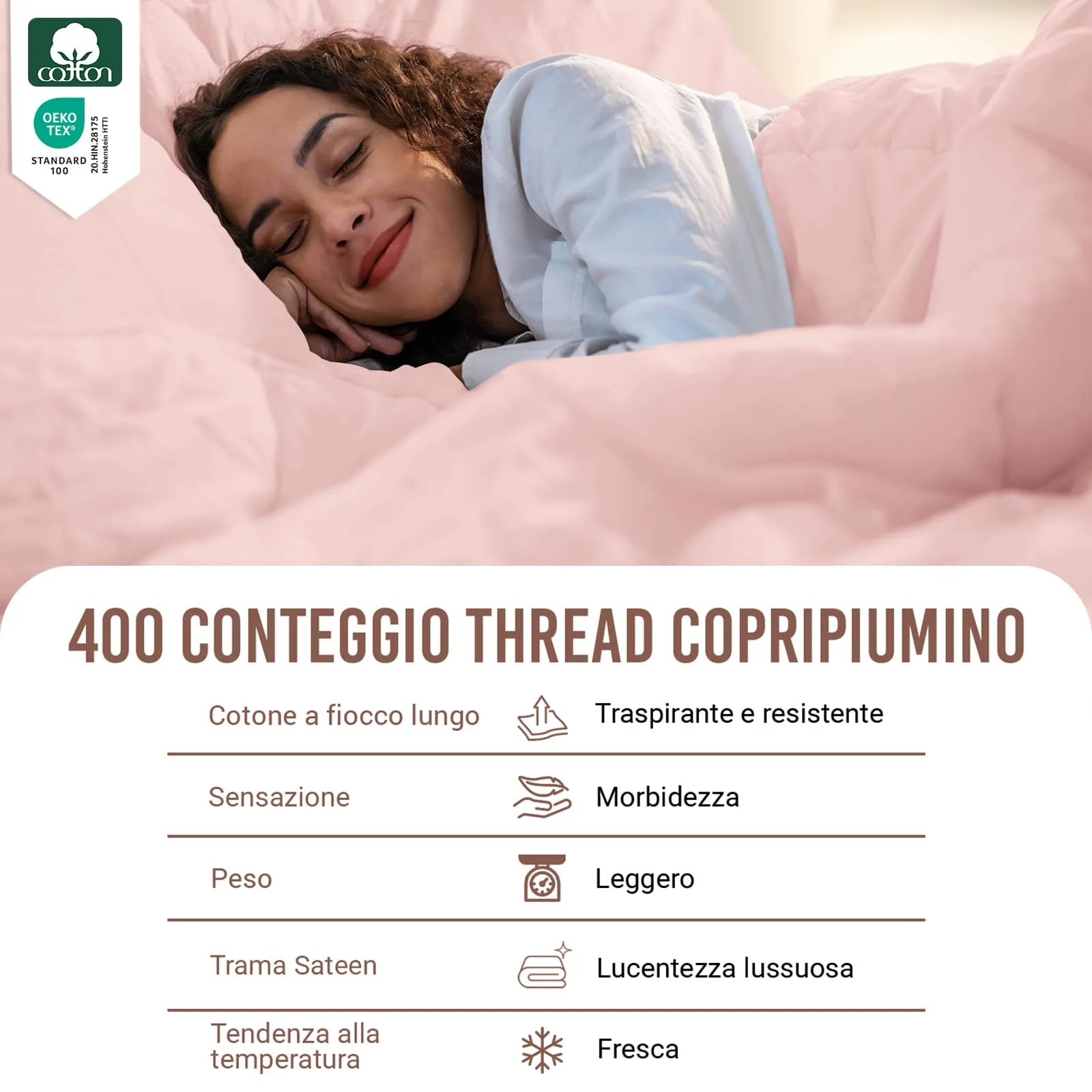 Pizuna Linens Set Copripiumino Matrimoniale in Cotone 400 Fili, 240x200 cm, Rosa, 3 Pezzi - immagine 2