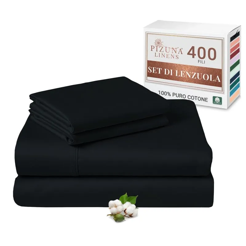 Pizuna Linens Set Lenzuola Letto Matrimoniale in Cotone 140x200 cm, 400 Fili, Nero, 4 Pezzi - immagine 1