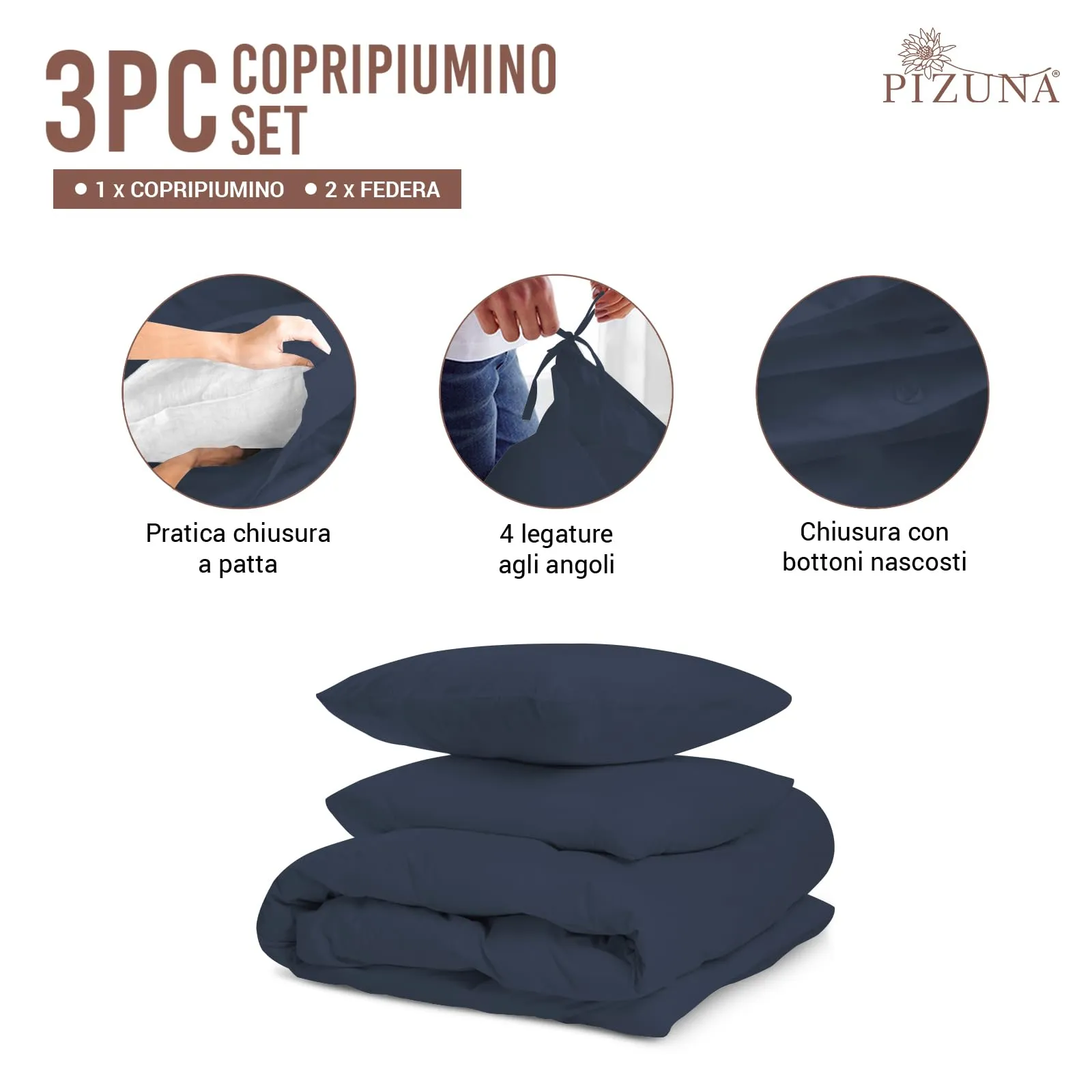 Pizuna Linens Set Copripiumino 200x200 Cotone 400 Fili, Blu, 3 Pezzi, Trama Sateen - immagine 3