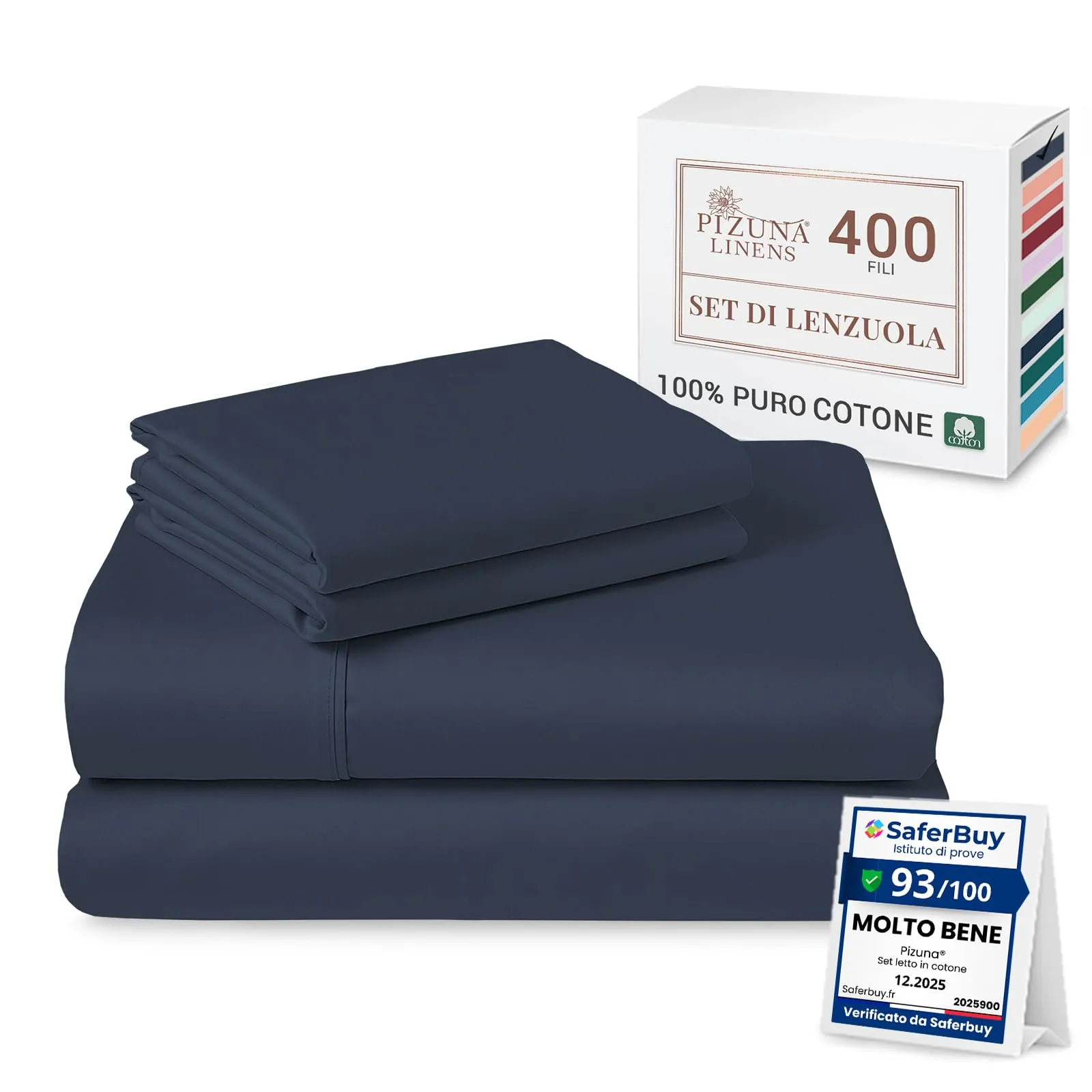 Pizuna Linens Set Lenzuola Letto Matrimoniale in Cotone 400 Fili, 140x200 cm, Blu, 4 Pezzi - immagine 1