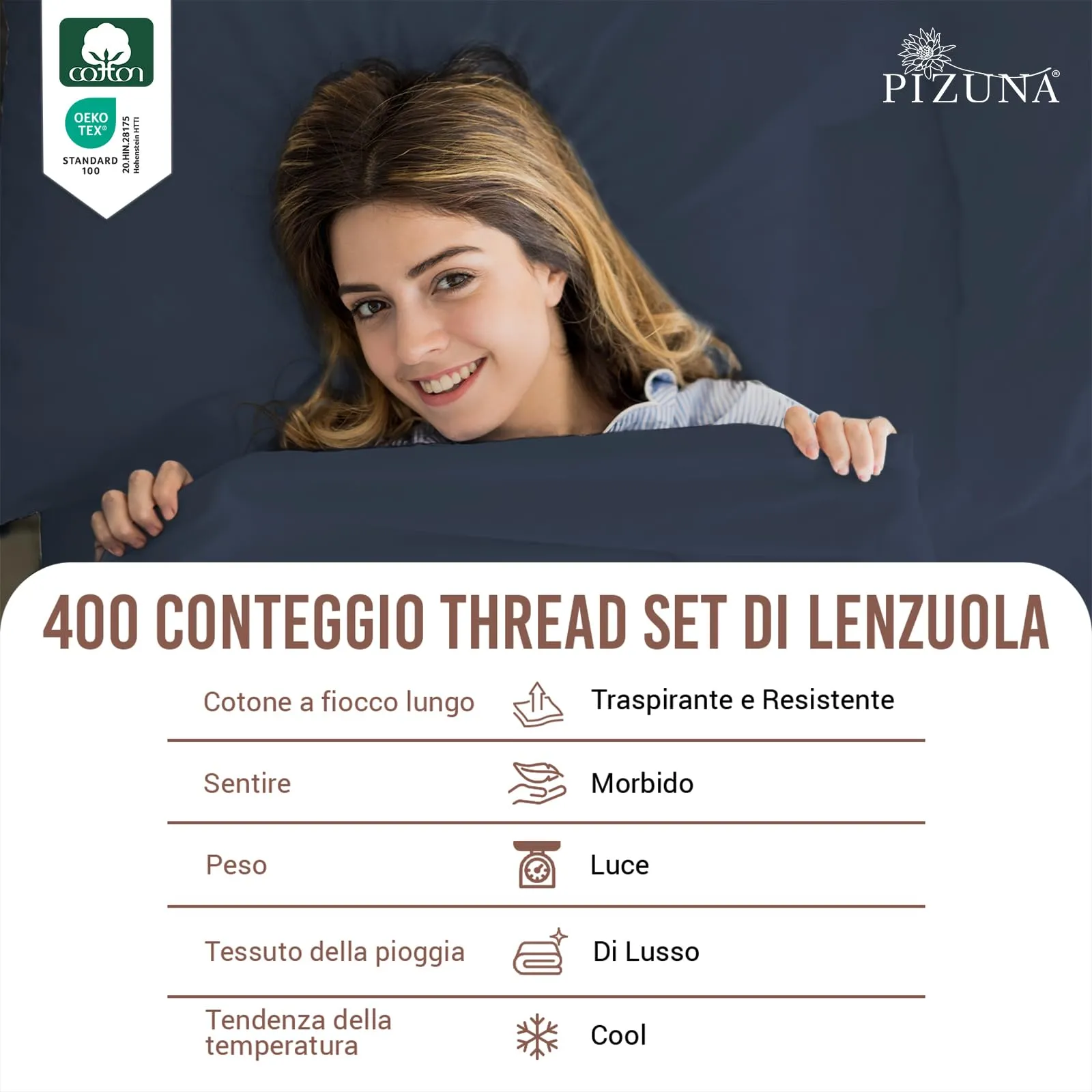 Pizuna Linens Set Lenzuola Letto Matrimoniale in Cotone 400 Fili, 140x200 cm, Blu, 4 Pezzi - immagine 2