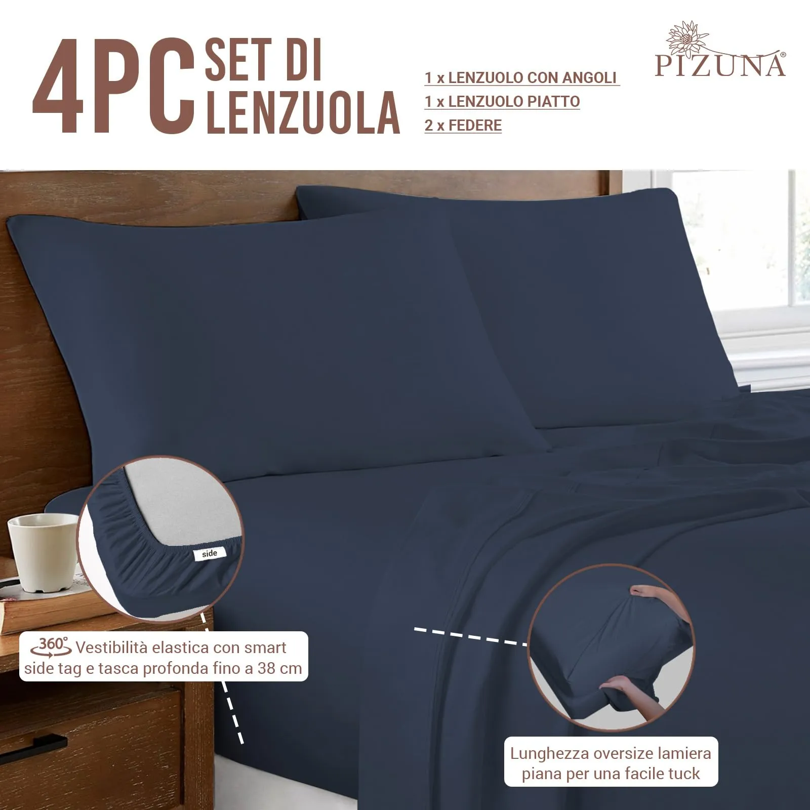 Pizuna Linens Set Lenzuola Letto Matrimoniale in Cotone 400 Fili, 140x200 cm, Blu, 4 Pezzi - immagine 3