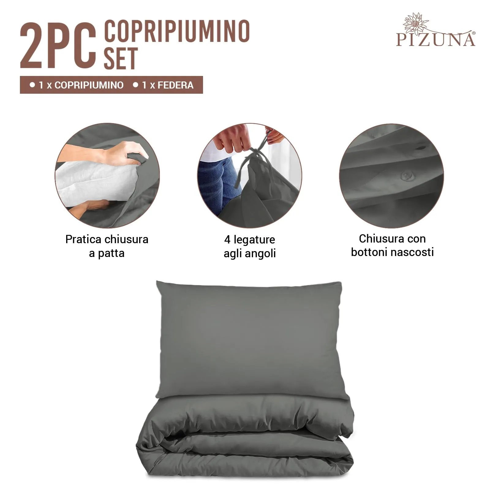 Pizuna Linens Copripiumino Singolo in Cotone 400 Fili, 150x200 cm, Grigio, Set 2 Pezzi - immagine 3