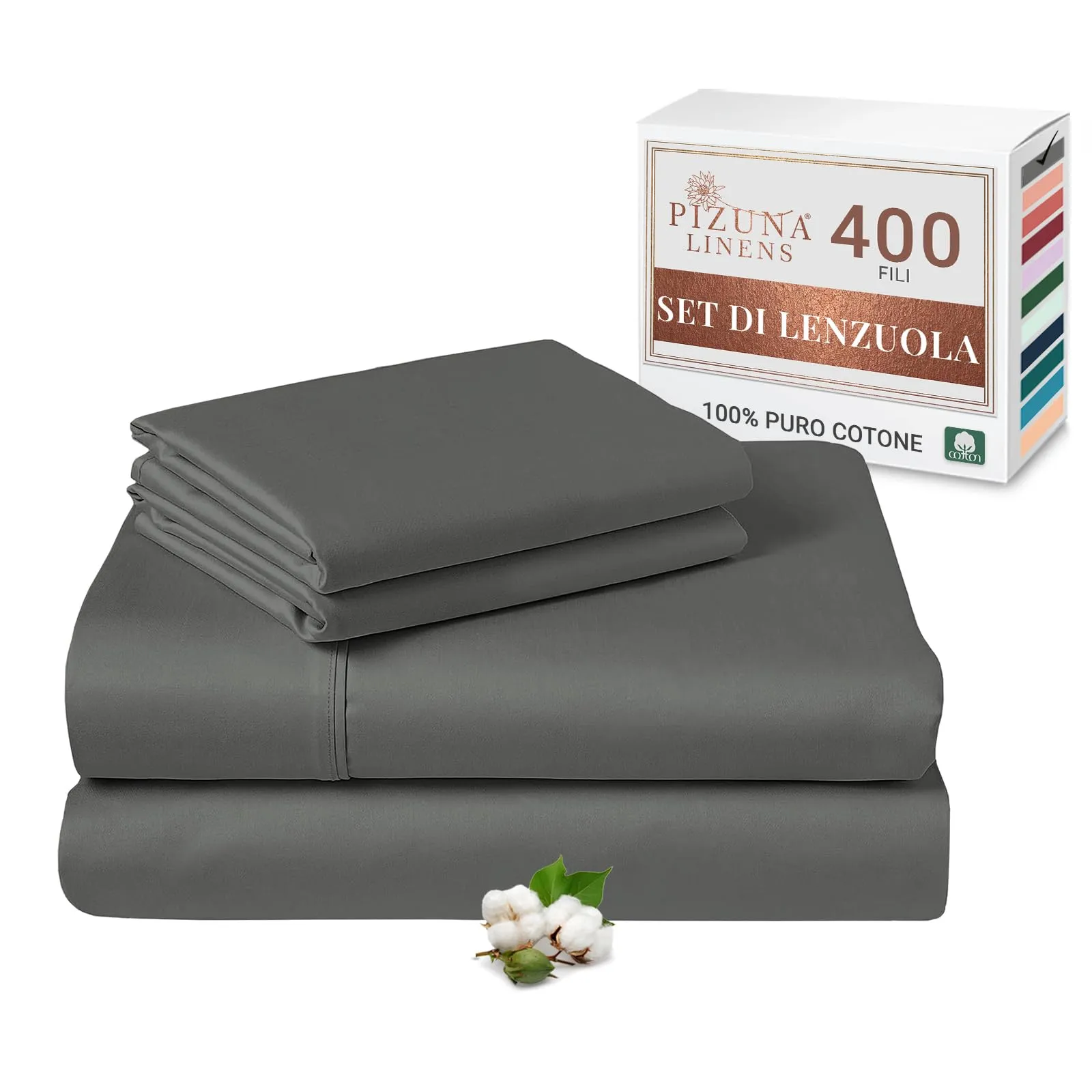 Pizuna Linens Set Lenzuola Letto Super King in Cotone 400 Fili, 180x200 cm, Grigio, 4 Pezzi - immagine 1