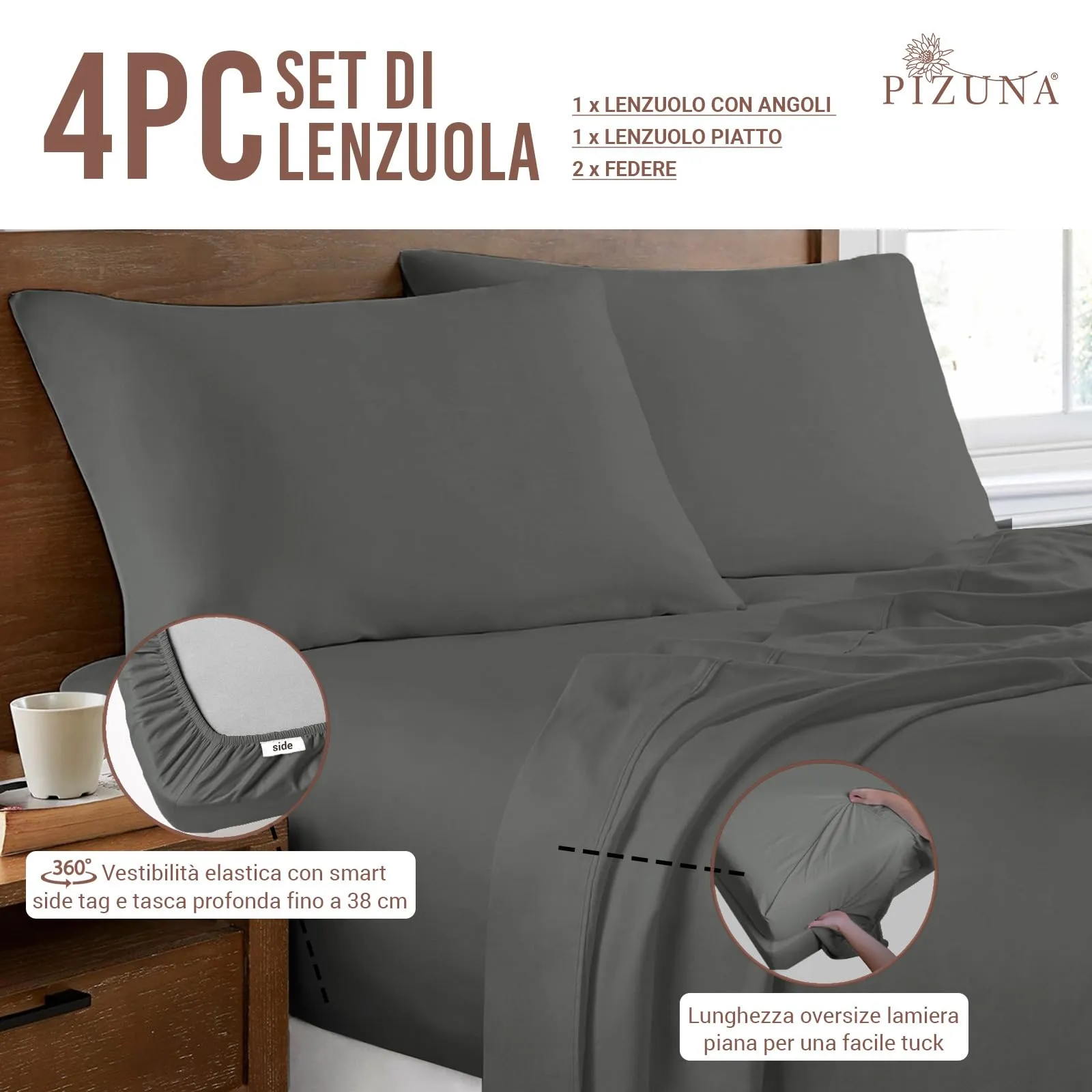 Pizuna Linens Set Lenzuola Letto Super King in Cotone 400 Fili, 180x200 cm, Grigio, 4 Pezzi - immagine 3