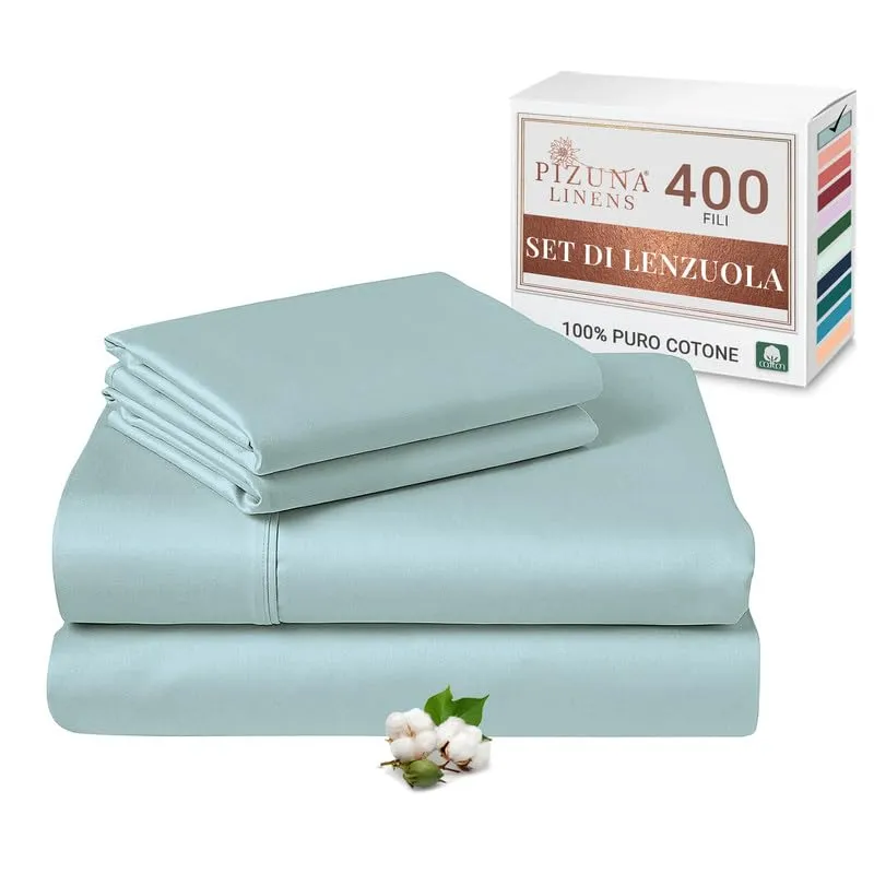 Pizuna Linens Set Lenzuola Letto Matrimoniale in Cotone 140x200 cm, 400 Fili, Blu, 4 Pezzi - immagine 1