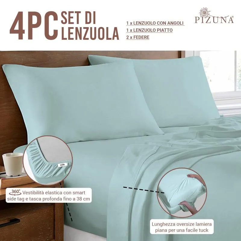 Pizuna Linens Set Lenzuola Letto Matrimoniale in Cotone 140x200 cm, 400 Fili, Blu, 4 Pezzi - immagine 3