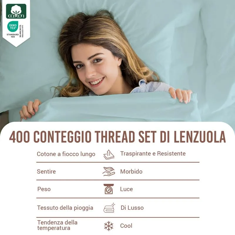 Pizuna Linens Set Lenzuola Letto Matrimoniale in Cotone 140x200 cm, 400 Fili, Blu, 4 Pezzi - immagine 4