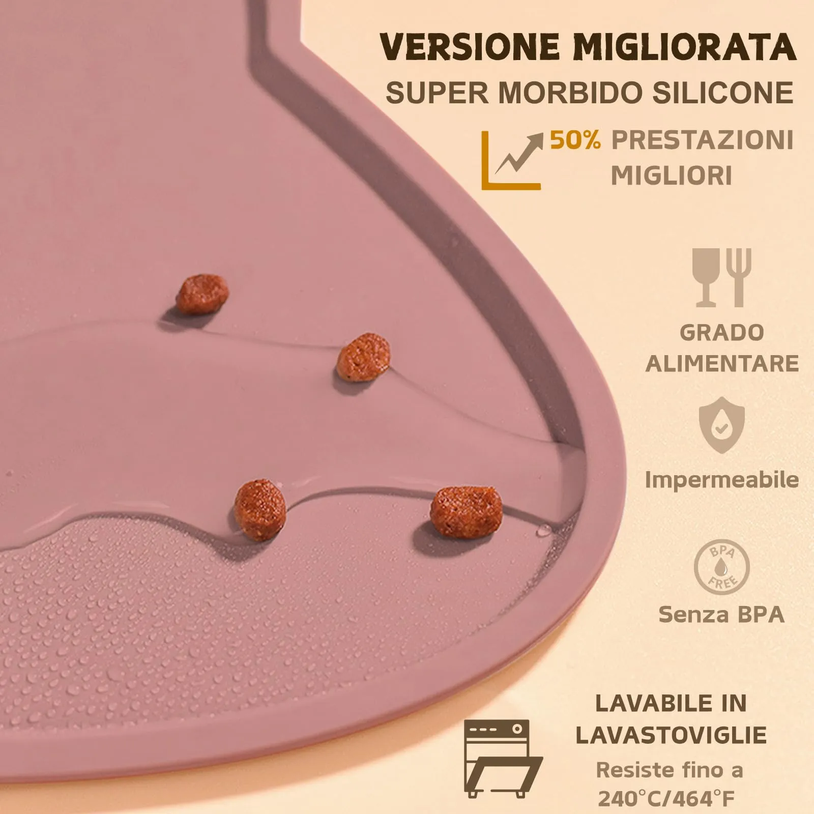 septillar Tappetino Ciotola per Cani e Gatti in Silicone Antiscivolo e Impermeabile, Rosa Corallo, 44x25 cm - immagine 3