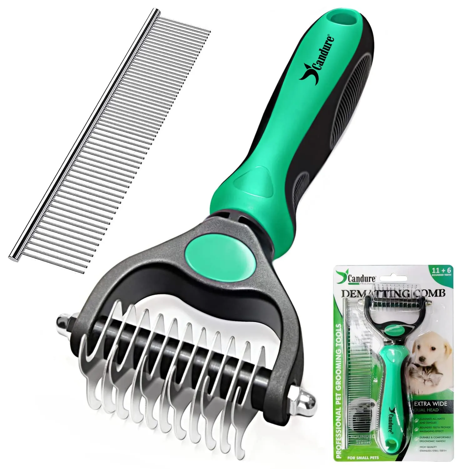 Candure Spazzola per Cani e Gatti in Acciaio Inossidabile, Doppia Faccia 11+6 Denti per Deshedding e Demattatura, Verde - immagine 1