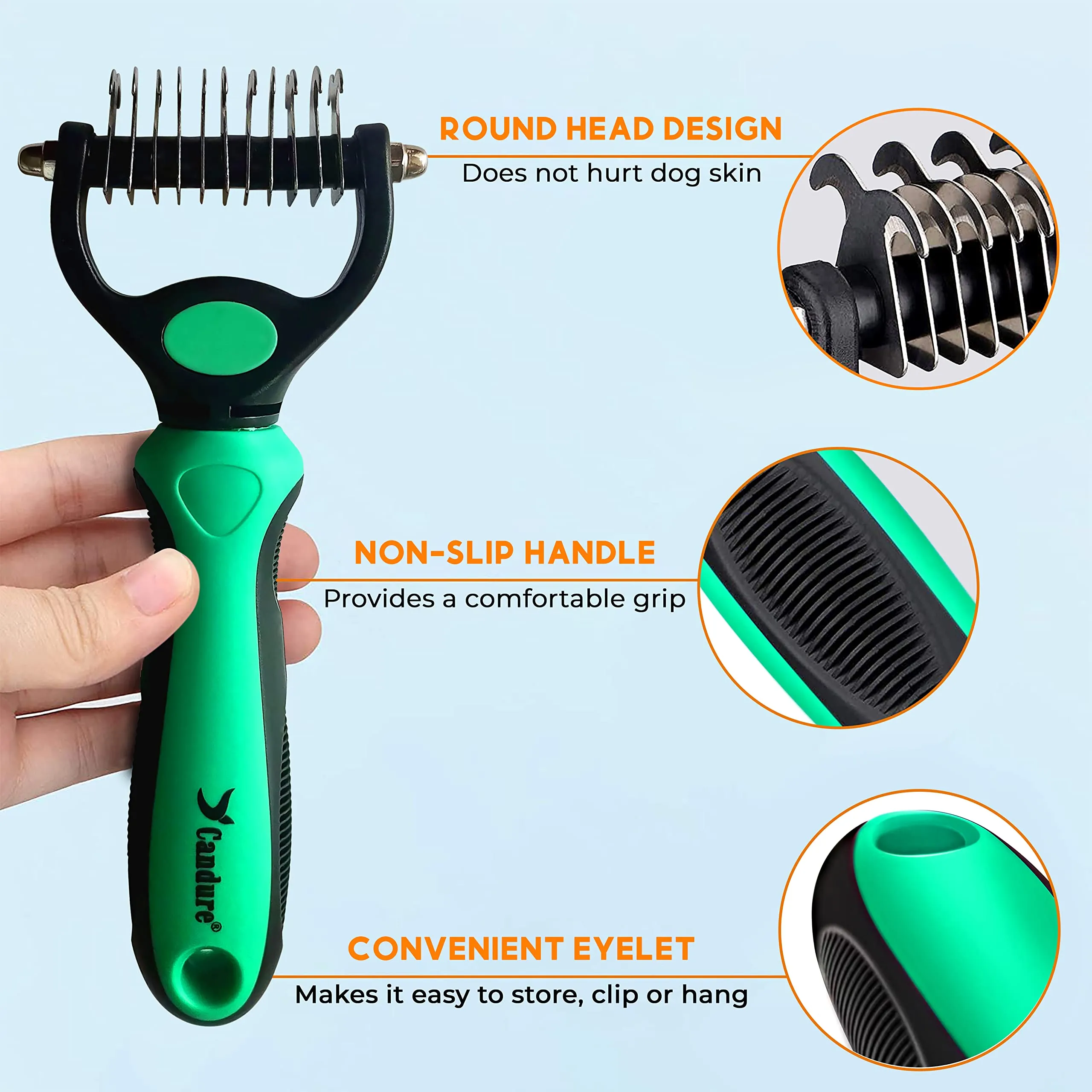 Candure Spazzola per Cani e Gatti in Acciaio Inossidabile, Doppia Faccia 11+6 Denti per Deshedding e Demattatura, Verde - immagine 2