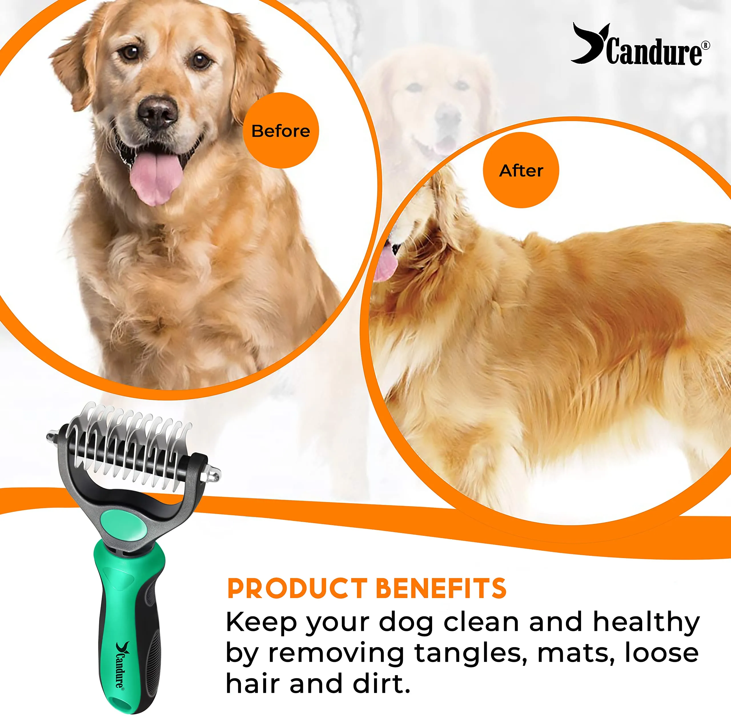 Candure Spazzola per Cani e Gatti in Acciaio Inossidabile, Doppia Faccia 11+6 Denti per Deshedding e Demattatura, Verde - immagine 5