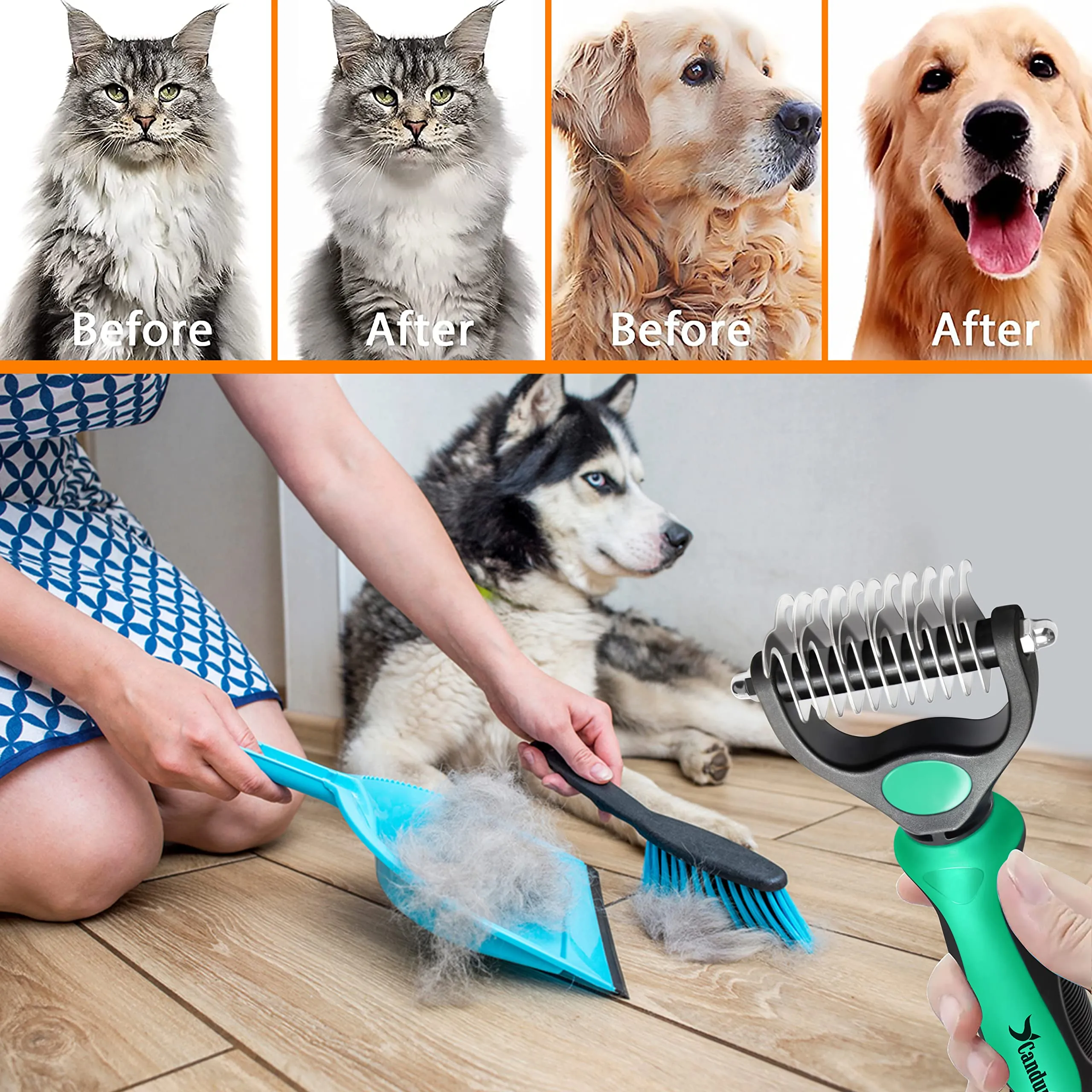 Candure Spazzola per Cani e Gatti in Acciaio Inossidabile, Doppia Faccia 11+6 Denti per Deshedding e Demattatura, Verde - immagine 8