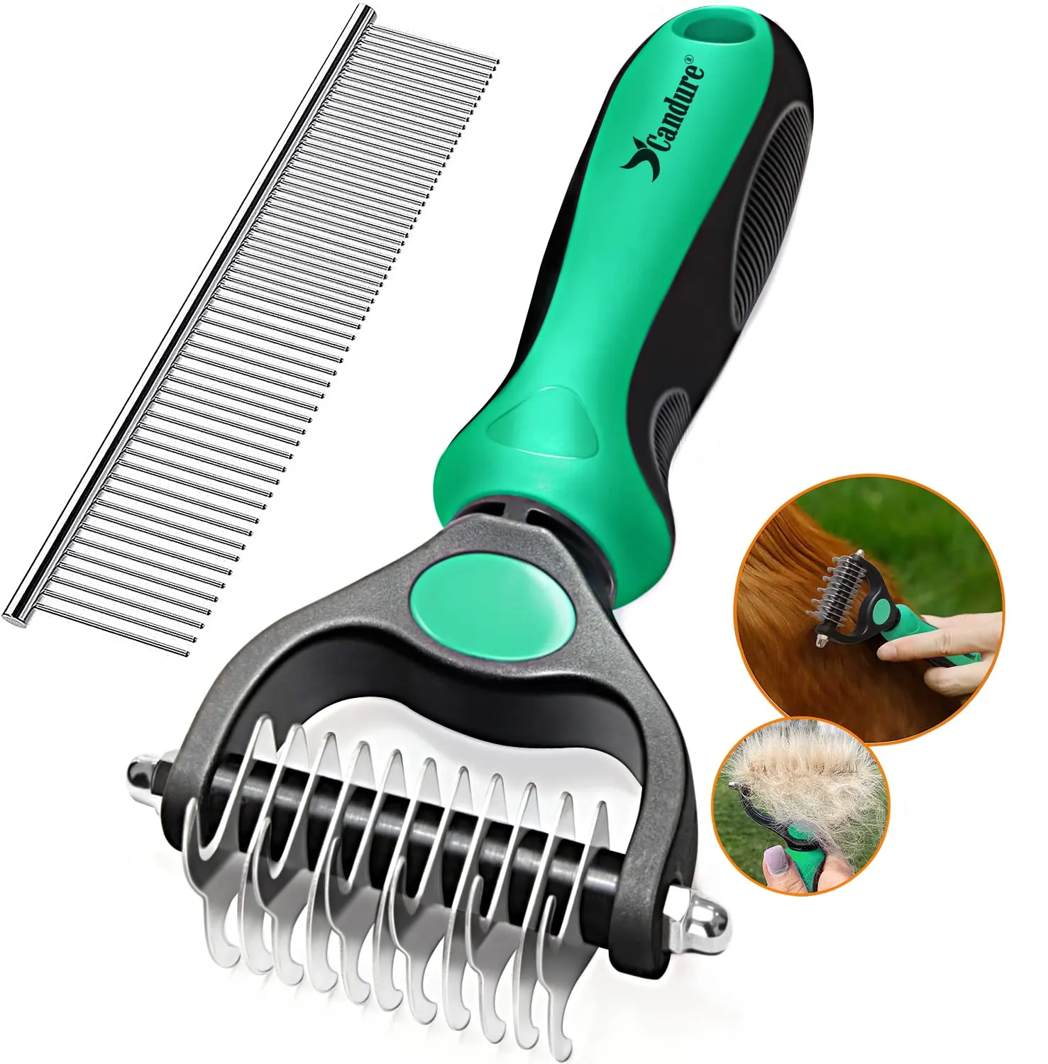Candure Spazzola per Cani e Gatti in Acciaio Inossidabile, Doppia Faccia 11+6 Denti per Deshedding e Demattatura, Verde - immagine 9