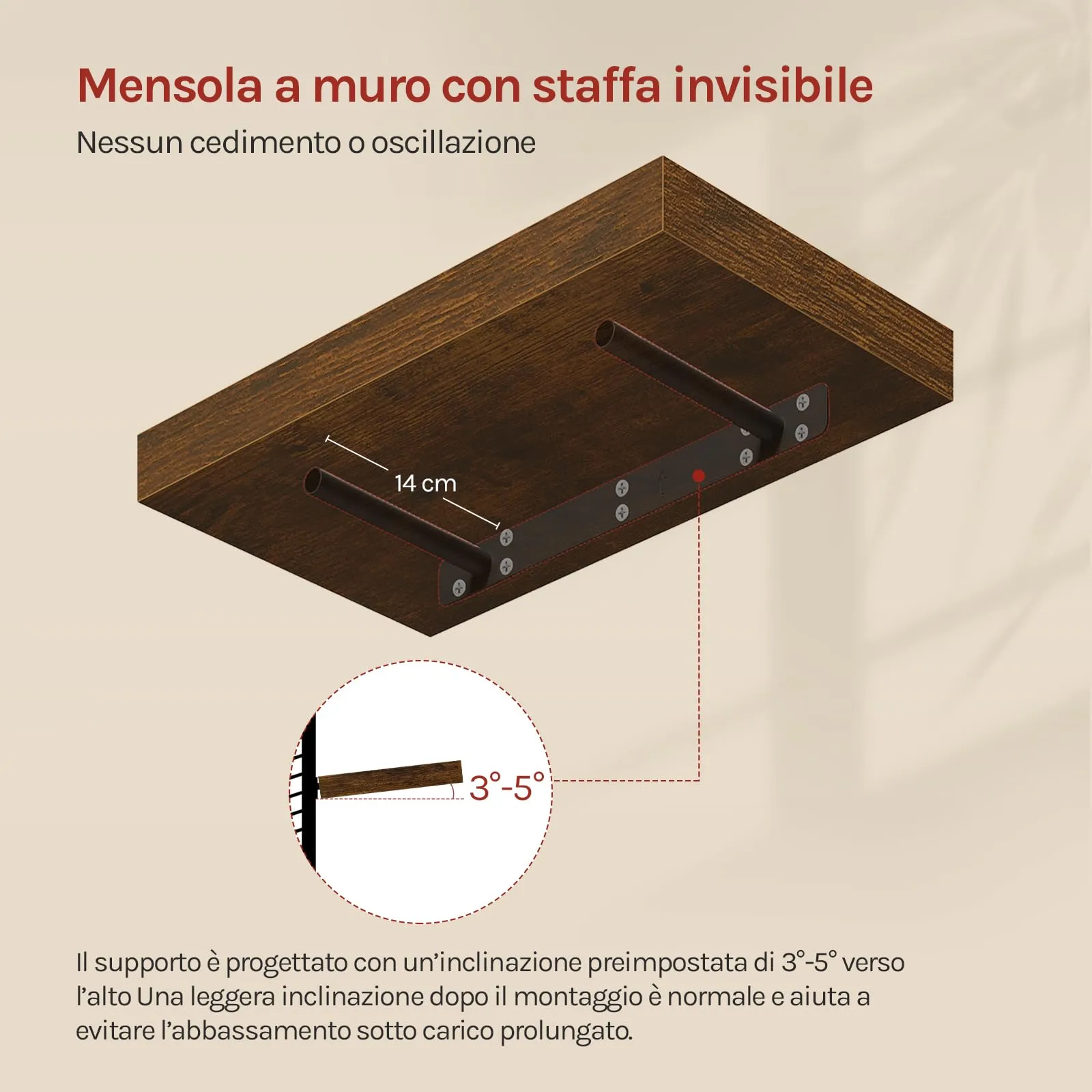 WOLTU Mensola da Muro in MDF, Marrone Vintage, 40x22.9x3.8cm - immagine 4