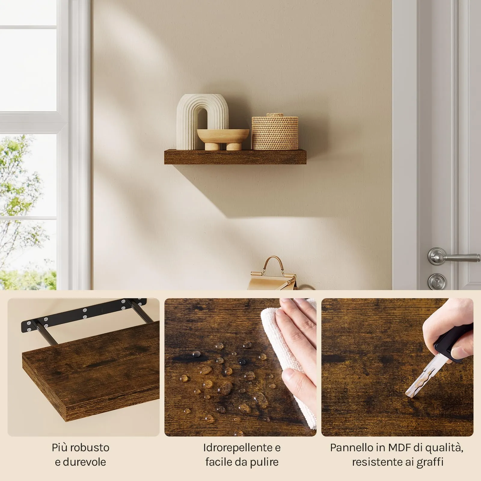 WOLTU Mensola da Muro in MDF, Marrone Vintage, 40x22.9x3.8cm - immagine 7