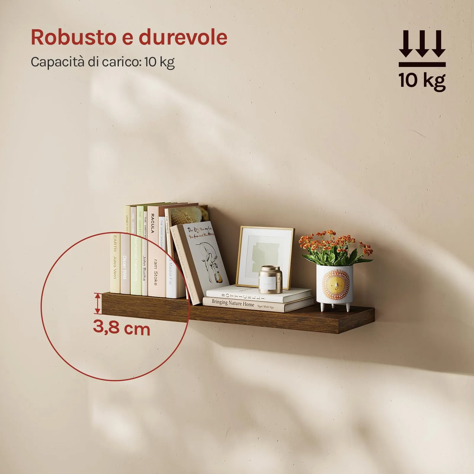 WOLTU Mensola da Muro in MDF, Marrone Vintage, 70x22.9x3.8cm - immagine 2