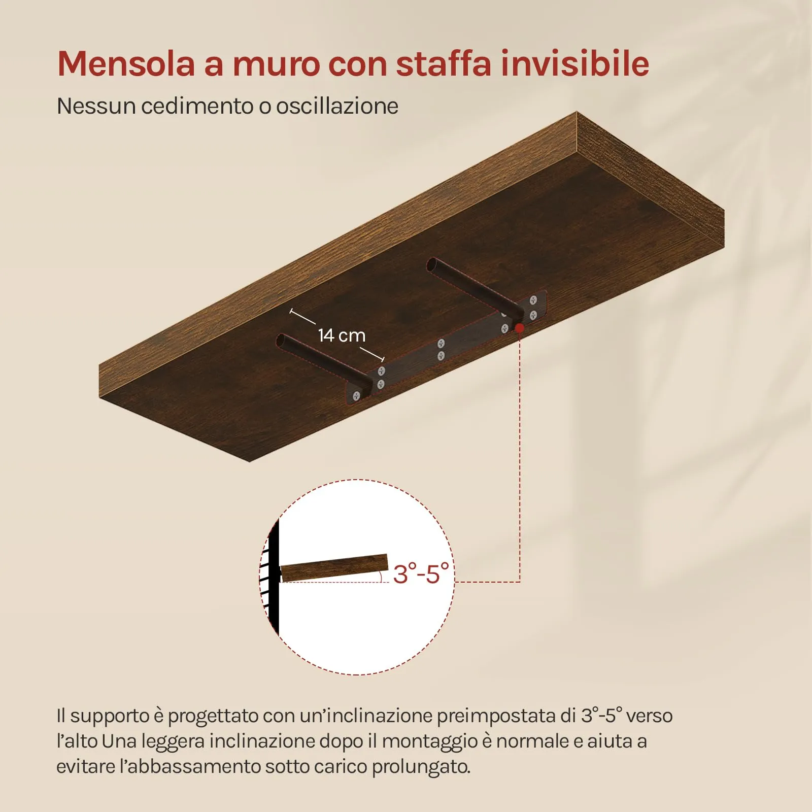 WOLTU Mensola da Muro in MDF, Marrone Vintage, 70x22.9x3.8cm - immagine 4