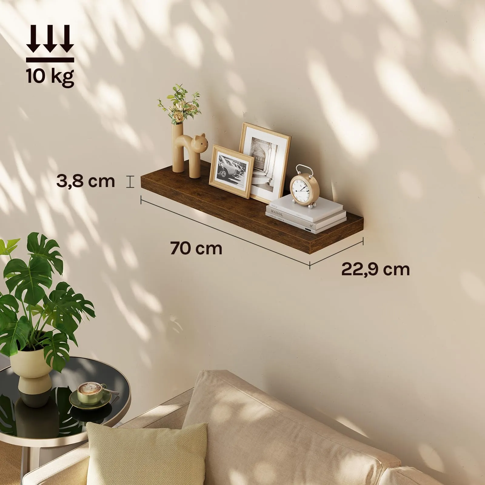 WOLTU Mensola da Muro in MDF, Marrone Vintage, 70x22.9x3.8cm - immagine 6