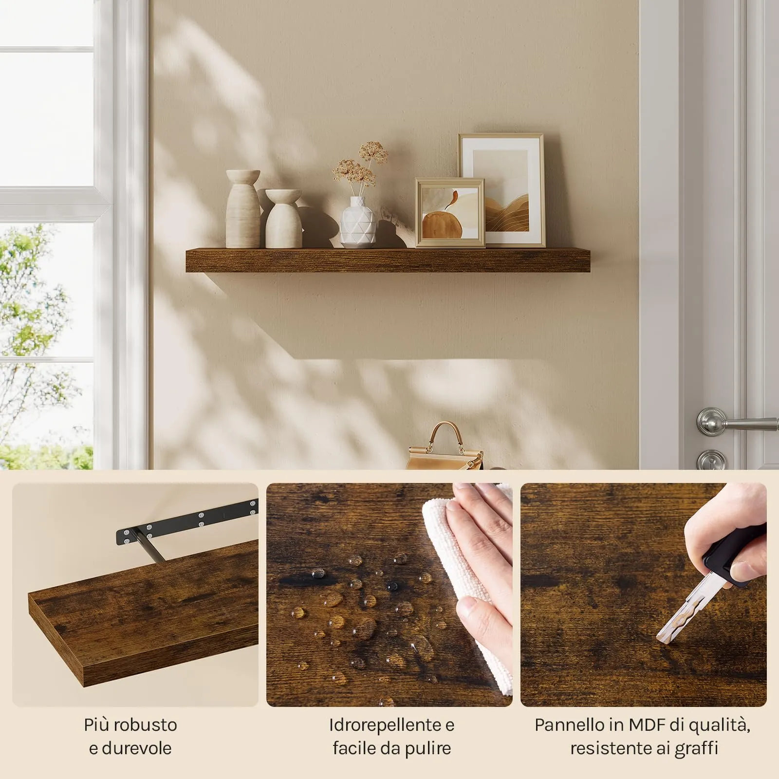 WOLTU Mensola da Muro in MDF, Marrone Vintage, 70x22.9x3.8cm - immagine 7