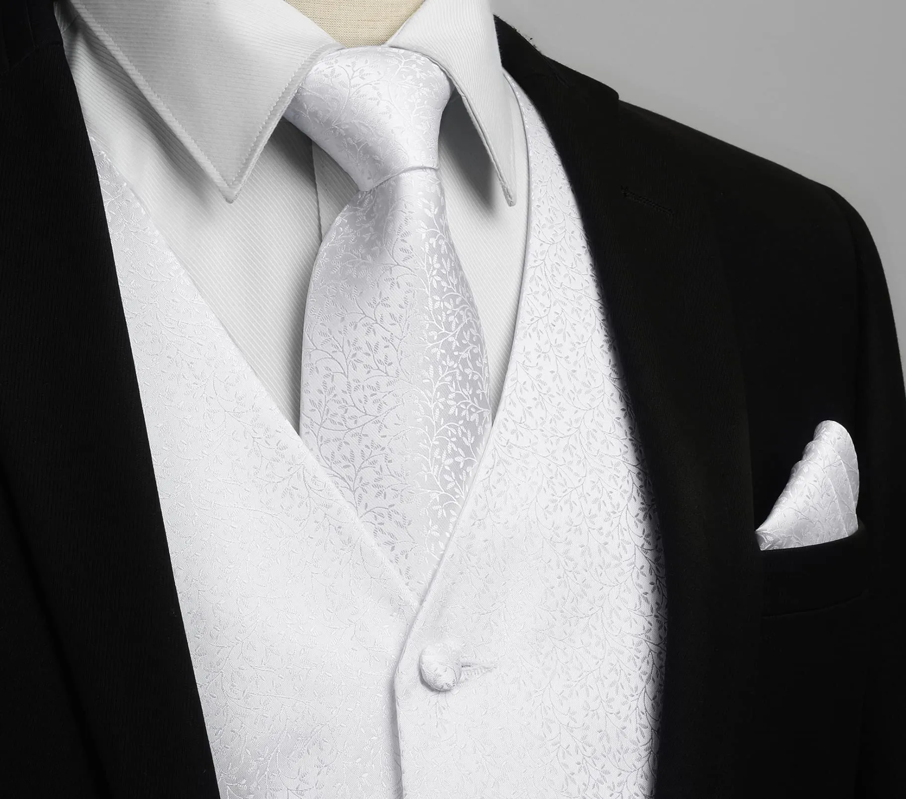 HISDERN Set Gilet da Sposa Paisley Bianco con Cravatta Jacquard e Fazzoletto da Taschino, S - immagine 2