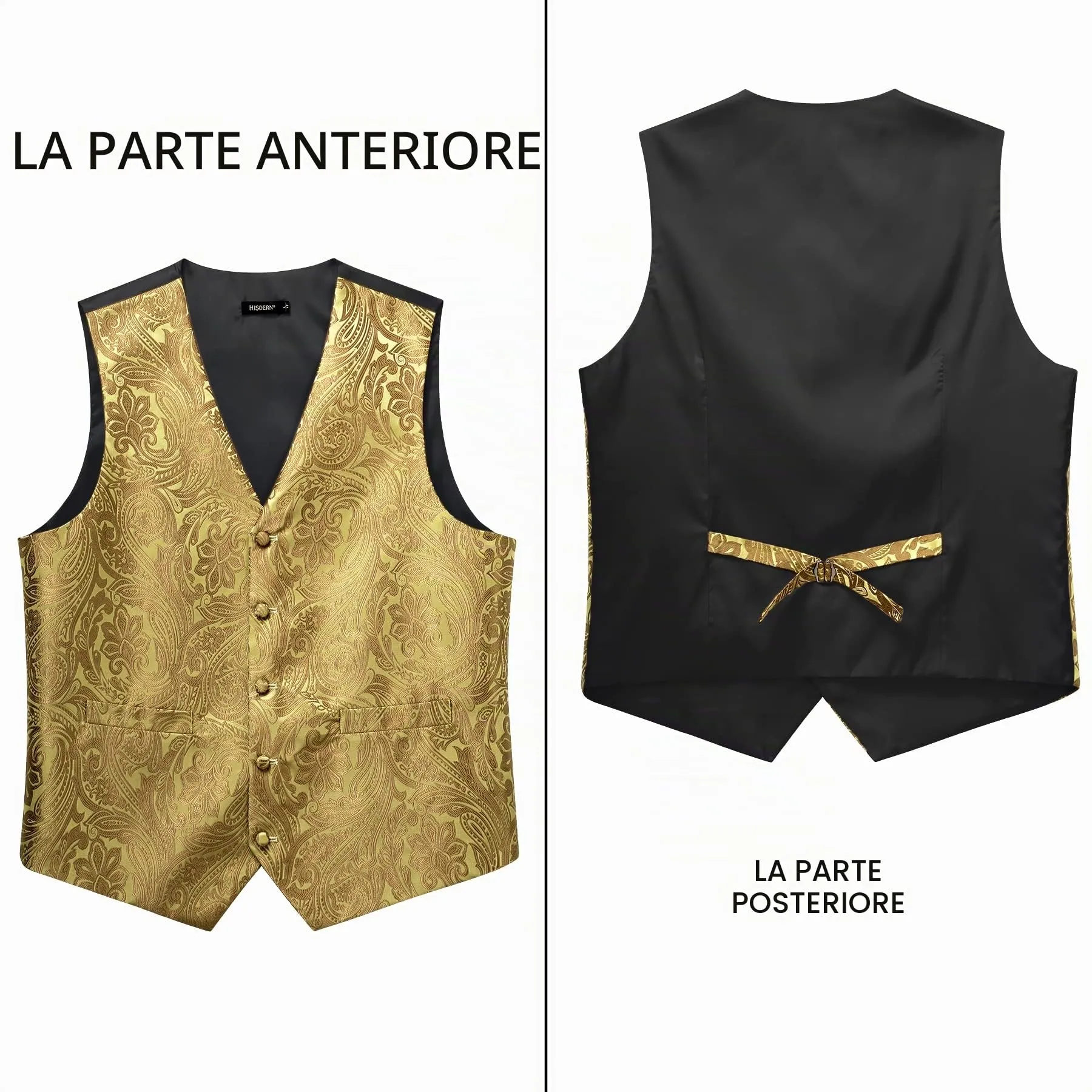 HISDERN Gilet da uomo Paisley Giallo Jacquard con Cravatta e Fazzoletto da taschino, Set completo S - immagine 3