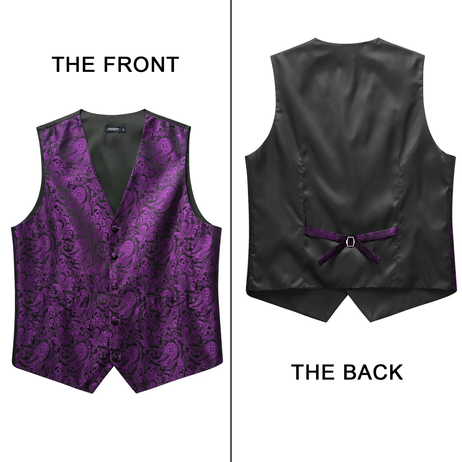 HISDERN Gilet Paisley da uomo Viola con Cravatta Jacquard e Fazzoletto da Taschino, 4XL - immagine 3