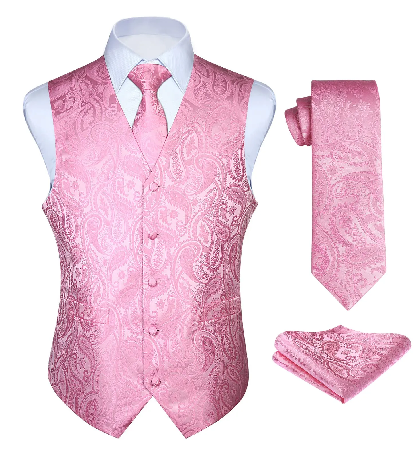 HISDERN Uomini Gilet Paisley Rosa Jacquard con Cravatta e Pocket Square Set - immagine 1