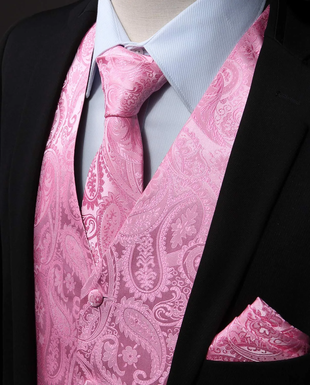 HISDERN Uomini Gilet Paisley Rosa Jacquard con Cravatta e Pocket Square Set - immagine 2